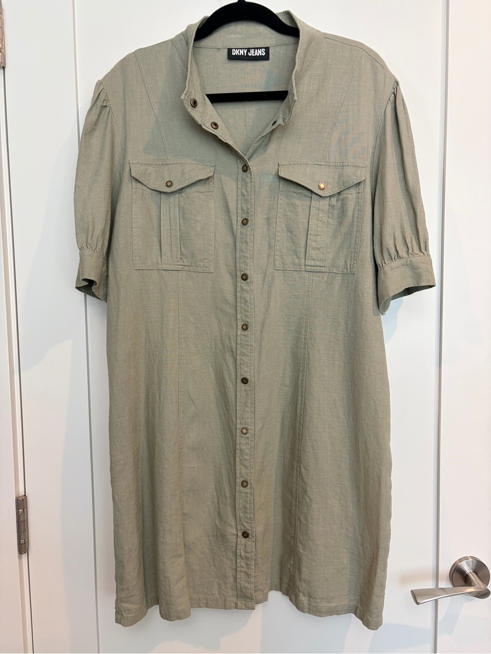 DKNY Jeans Sage Green Linen Blend Utility Shirt Dress | Puff Sleeve | Size L